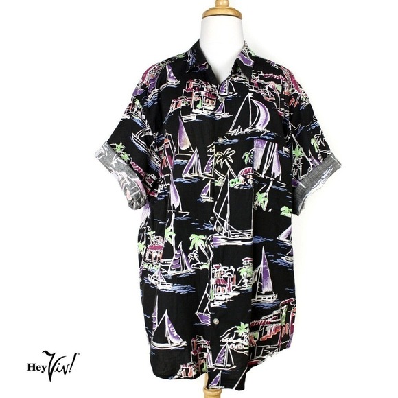 Vintage Newport Blue Hawaiian Shirt Tropical Sail Boat Print Black XL - Hey Viv - Picture 1 of 7